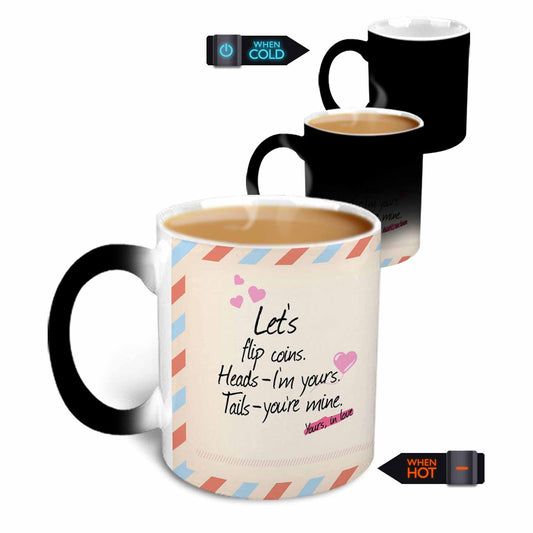 Postcard Design "Let's flip coins…." Magic Ceramic Mug, 350ml.
