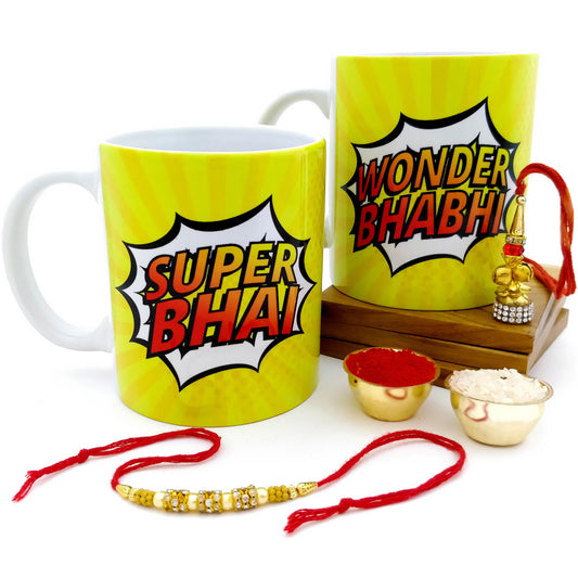 Super Bhai & Wonder Bhabhi 2 Mugs Set with Rakhi & Lumba