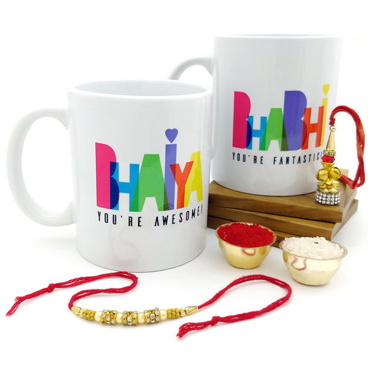 Bhaiya Awesome Bhabhi Fantastic 2 Mugs Set with Rakhi & Lumba