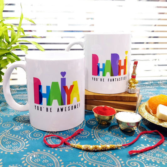 Bhaiya Awesome Bhabhi Fantastic 2 Mugs Set with Rakhi & Lumba