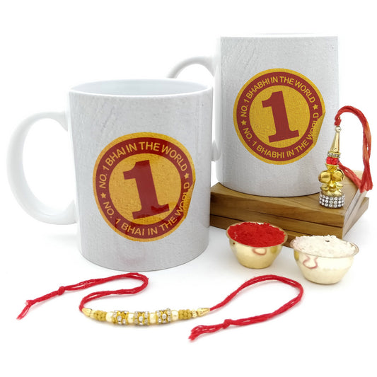 No. 1 Bhai & Bhabhi 2 Mugs Set with Rakhi & Lumba