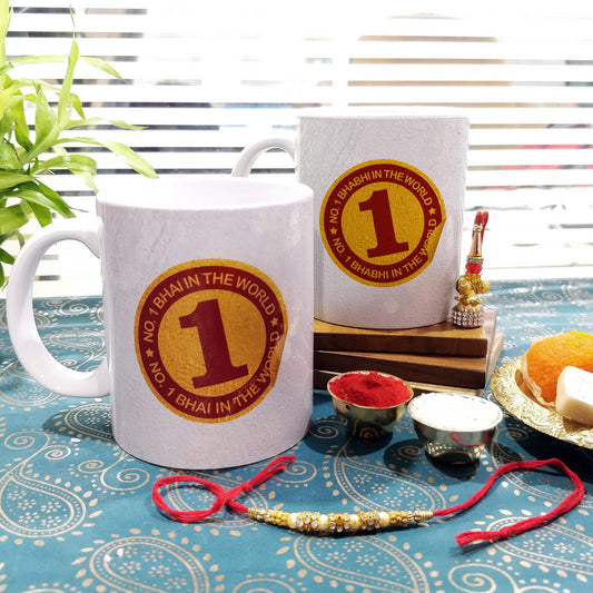 No. 1 Bhai & Bhabhi 2 Mugs Set with Rakhi & Lumba