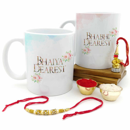 Bhaiya & Bhabhi Dearest 2 Mugs Set with Rakhi & Lumba