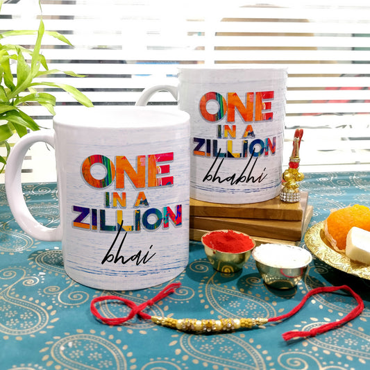 One In A Zillion Bhai & Bhabhi 2 Mugs Set with Rakhi & Lumba