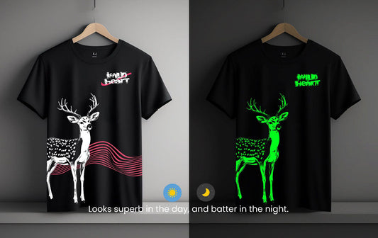 Wild Heart Deer Black Round Neck Kids Glow Tshirt