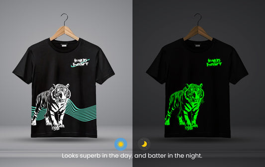 Wild Heart Tiger Black Round Neck Kids Glow Tshirt