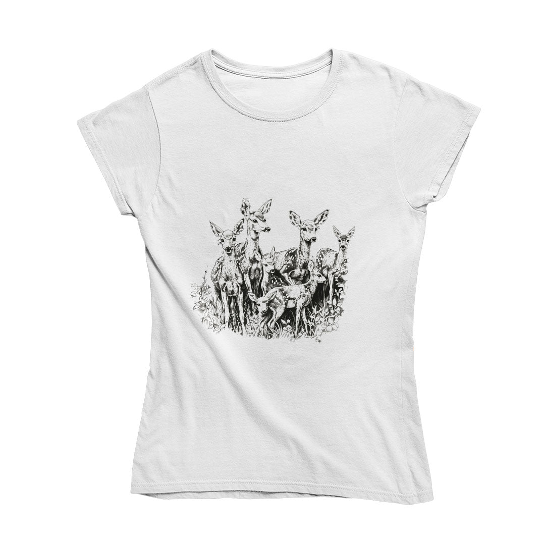 Classic Deer White Round Neck Women Tshirt Basics