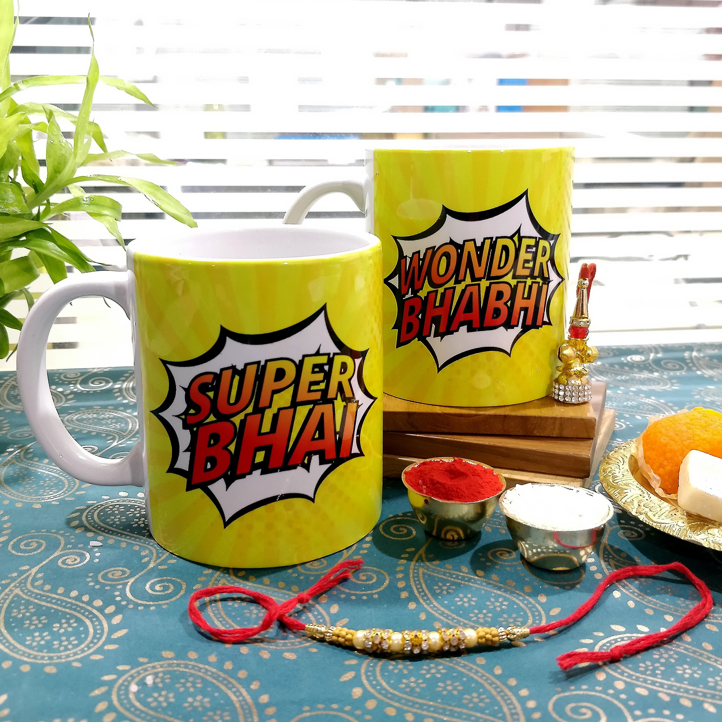 Super Bhai & Wonder Bhabhi 2 Mugs Set with Rakhi & Lumba